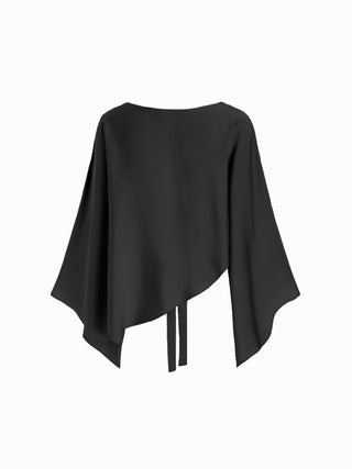 Satin Boat Neck Bell Sleeve Asymmetrical Blouse