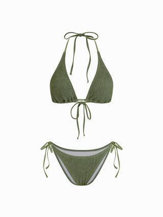 Textured Ruched Halter Tie Side Bikini Set