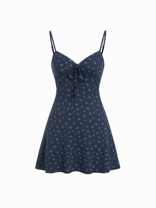 Cotton Floral Sweetheart Textured Bowknot Flared Mini Dress