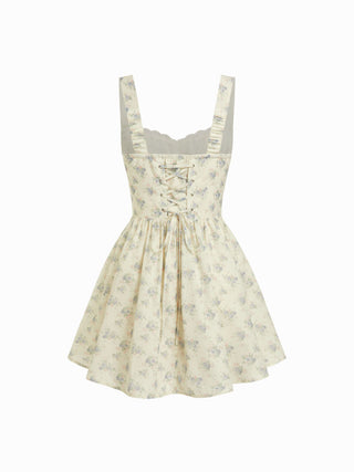 Floral Sweetheart Neck Eyelet Trim Lace Up Basque Waistline Flared Mini Dress