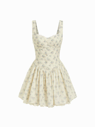 Floral Sweetheart Neck Eyelet Trim Lace Up Basque Waistline Flared Mini Dress