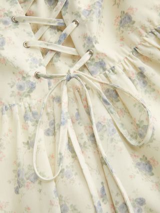 Floral Sweetheart Neck Eyelet Trim Lace Up Basque Waistline Flared Mini Dress