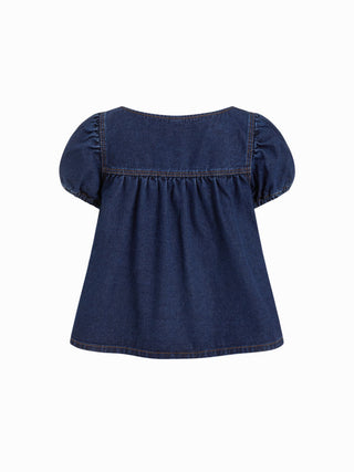 Washed Denim Square Neck Puff Sleeve Drawstring Oversized Blouse