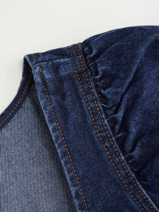 Washed Denim Square Neck Puff Sleeve Drawstring Oversized Blouse