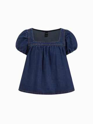 Washed Denim Square Neck Puff Sleeve Drawstring Oversized Blouse