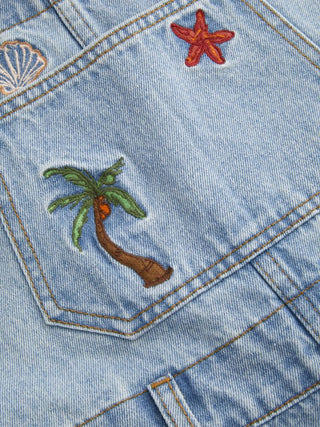 Denim Washed Embroidery Mid Rise Metal Detail Oversized Short Overalls