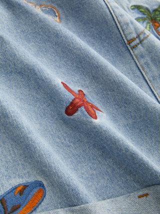 Denim Washed Embroidery Mid Rise Metal Detail Oversized Short Overalls