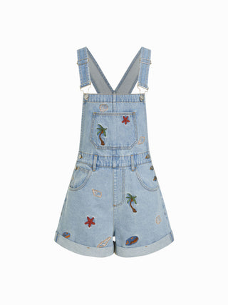 Denim Washed Embroidery Mid Rise Metal Detail Oversized Short Overalls