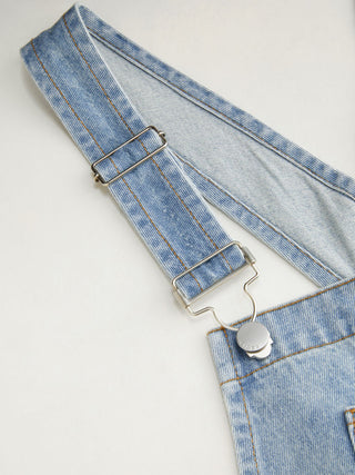 Denim Washed Embroidery Mid Rise Metal Detail Oversized Short Overalls