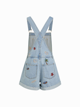 Denim Washed Embroidery Mid Rise Metal Detail Oversized Short Overalls