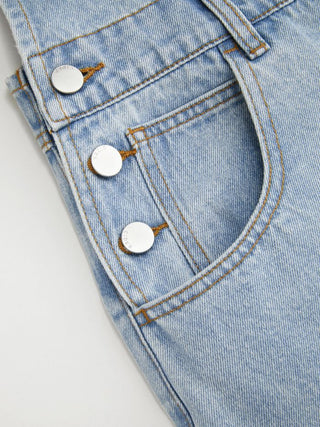 Denim Washed Embroidery Mid Rise Metal Detail Oversized Short Overalls