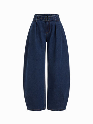 Denim Mid Rise Washed Barrel-leg Belted Jeans