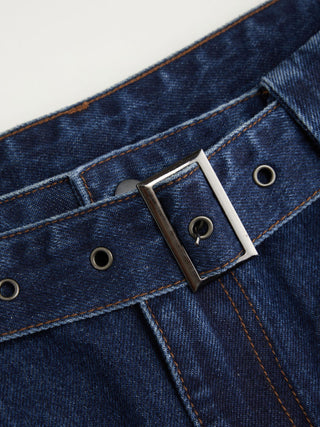 Denim Mid Rise Washed Barrel-leg Belted Jeans