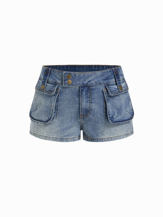 Denim Low Rise Shorts with Large Flap Pockets