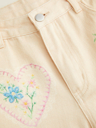 Denim Low Rise Floral Applique Metal Detail Wide Leg Jeans