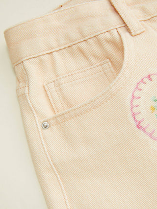 Denim Low Rise Floral Applique Metal Detail Wide Leg Jeans