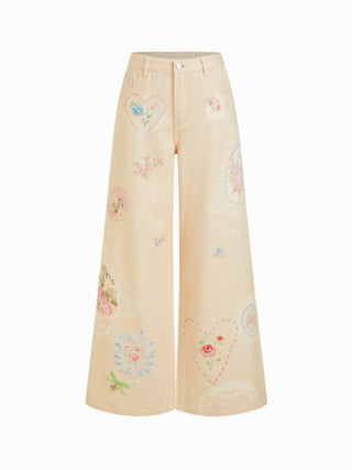Denim Low Rise Floral Applique Metal Detail Wide Leg Jeans