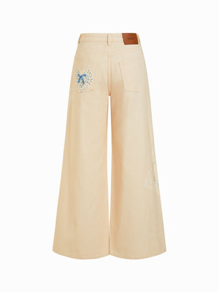 Denim Low Rise Floral Applique Metal Detail Wide Leg Jeans