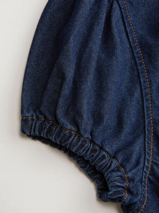 Puff Sleeve Tie-Front Ruffle Hem Denim Crop Top