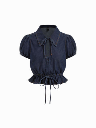 Puff Sleeve Tie-Front Ruffle Hem Denim Crop Top