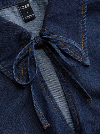 Puff Sleeve Tie-Front Ruffle Hem Denim Crop Top