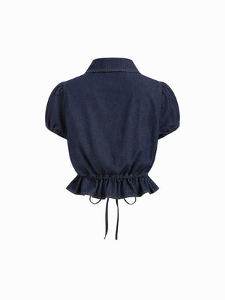Puff Sleeve Tie-Front Ruffle Hem Denim Crop Top