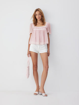 Square Neck Puff Sleeve Lace Trim Bowknot Ruched Oversized Blouse