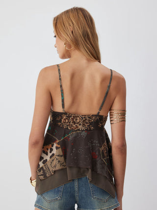 Mesh Aztec V-neck Lace Trim Layered Hanky Hem Crop Cami Top
