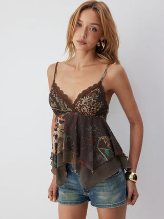 Mesh Aztec V-neck Lace Trim Layered Hanky Hem Crop Cami Top