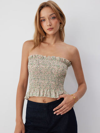 Floral Strapless Shirred Ruffle Hem Crop Bandeau Top