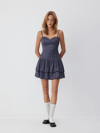 Polka Dot Sweetheart Neck Lace Trim Tiered Ruffled Mini Dress
