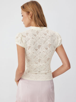 Floral Lace Stand Collar Cut Out Bowknot Short Sleeve Top