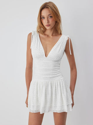 Jacquard V-neck Ruffled Ruched Mini Dress