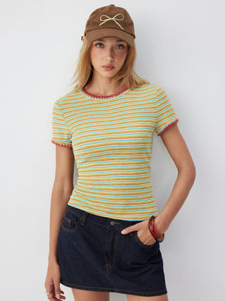 Textured Striped Color-block Scallop Trim Short Sleeve Top