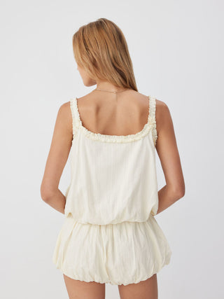 Cotton-blend Mid Rise Scoop Neck Ruffle Bubble Hem Oversized Romper