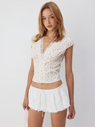 Cotton Floral V-neck Puff Sleeve Lace Trim Blouse