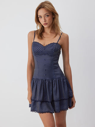 Polka Dot Sweetheart Neck Lace Trim Tiered Ruffled Mini Dress