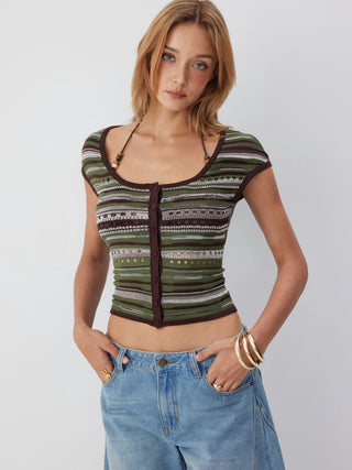 Knit Scoop Neck Short Sleeve Pointelle Hollow Out Cardigan