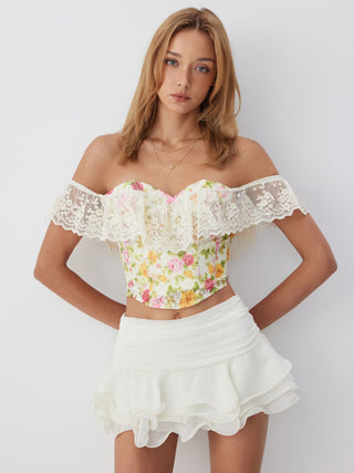 Lace Off-shoulder Floral Print Corset Top