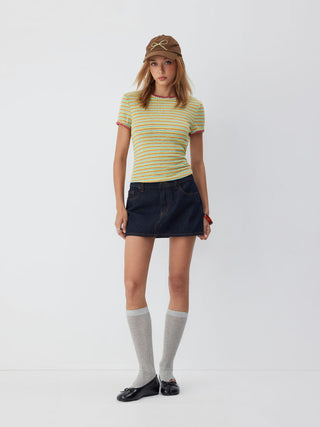 Textured Striped Color-block Scallop Trim Short Sleeve Top