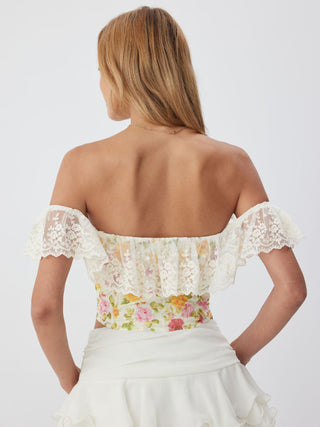 Lace Off-shoulder Floral Print Corset Top