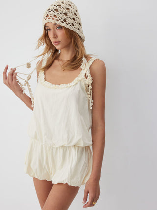 Cotton-blend Mid Rise Scoop Neck Ruffle Bubble Hem Oversized Romper