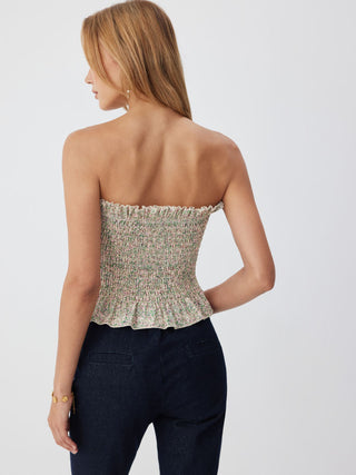 Floral Strapless Shirred Ruffle Hem Crop Bandeau Top