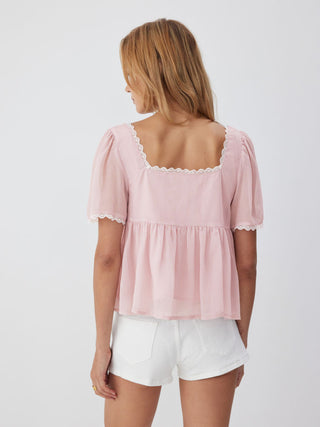 Square Neck Puff Sleeve Lace Trim Bowknot Ruched Oversized Blouse