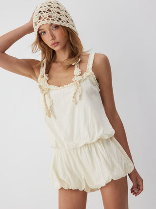 Cotton-blend Mid Rise Scoop Neck Ruffle Bubble Hem Oversized Romper