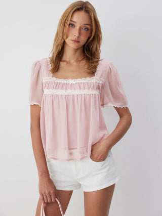 Square Neck Puff Sleeve Lace Trim Bowknot Ruched Oversized Blouse