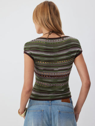 Knit Scoop Neck Short Sleeve Pointelle Hollow Out Cardigan