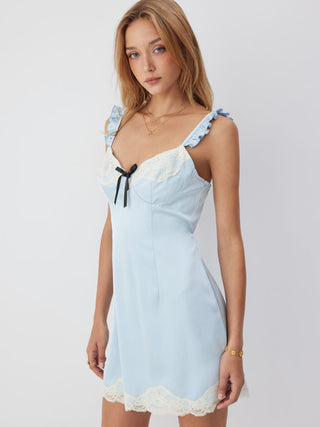 Satin Lace Trim Bowknot Ruffle Sleeve Mini Slip Dress