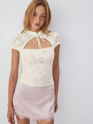 Floral Lace Stand Collar Cut Out Bowknot Short Sleeve Top