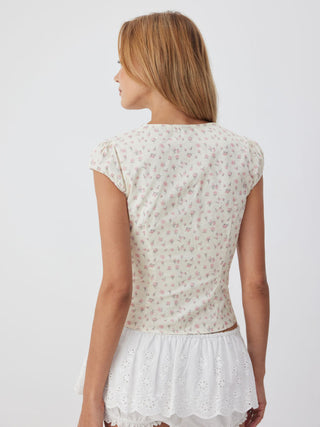 Cotton Floral V-neck Puff Sleeve Lace Trim Blouse